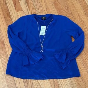JM Collection Royal Blue Blouse with Ruched Sleeves